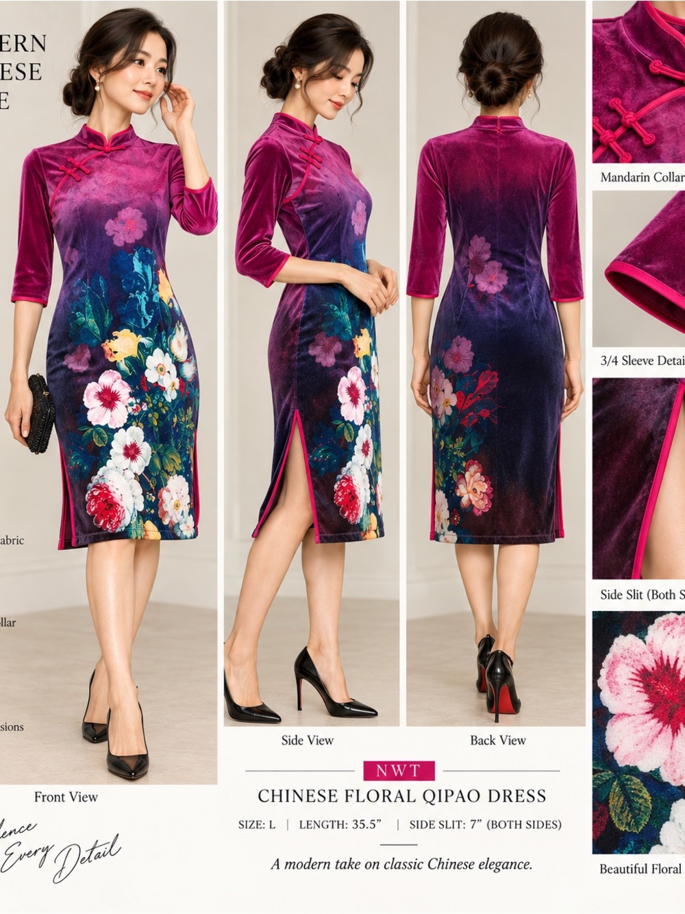 NWT Chinese Floral Velvet Qipao Cheongsam Midi Dress Size L